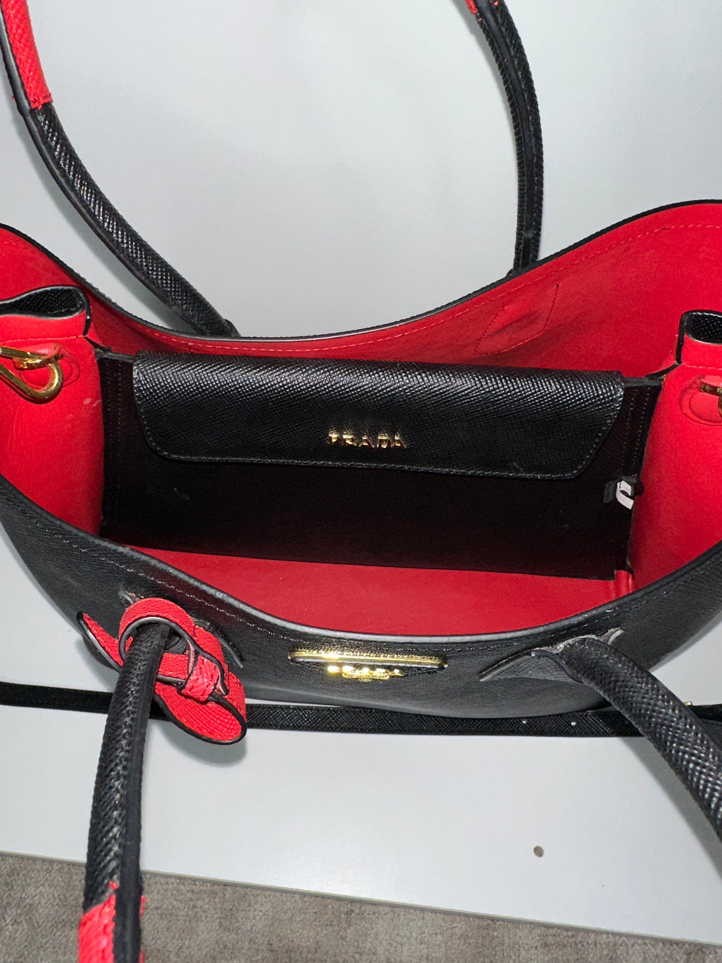 Prada Saffiano Cuir Large Double Bag Nero Black Ciliegia