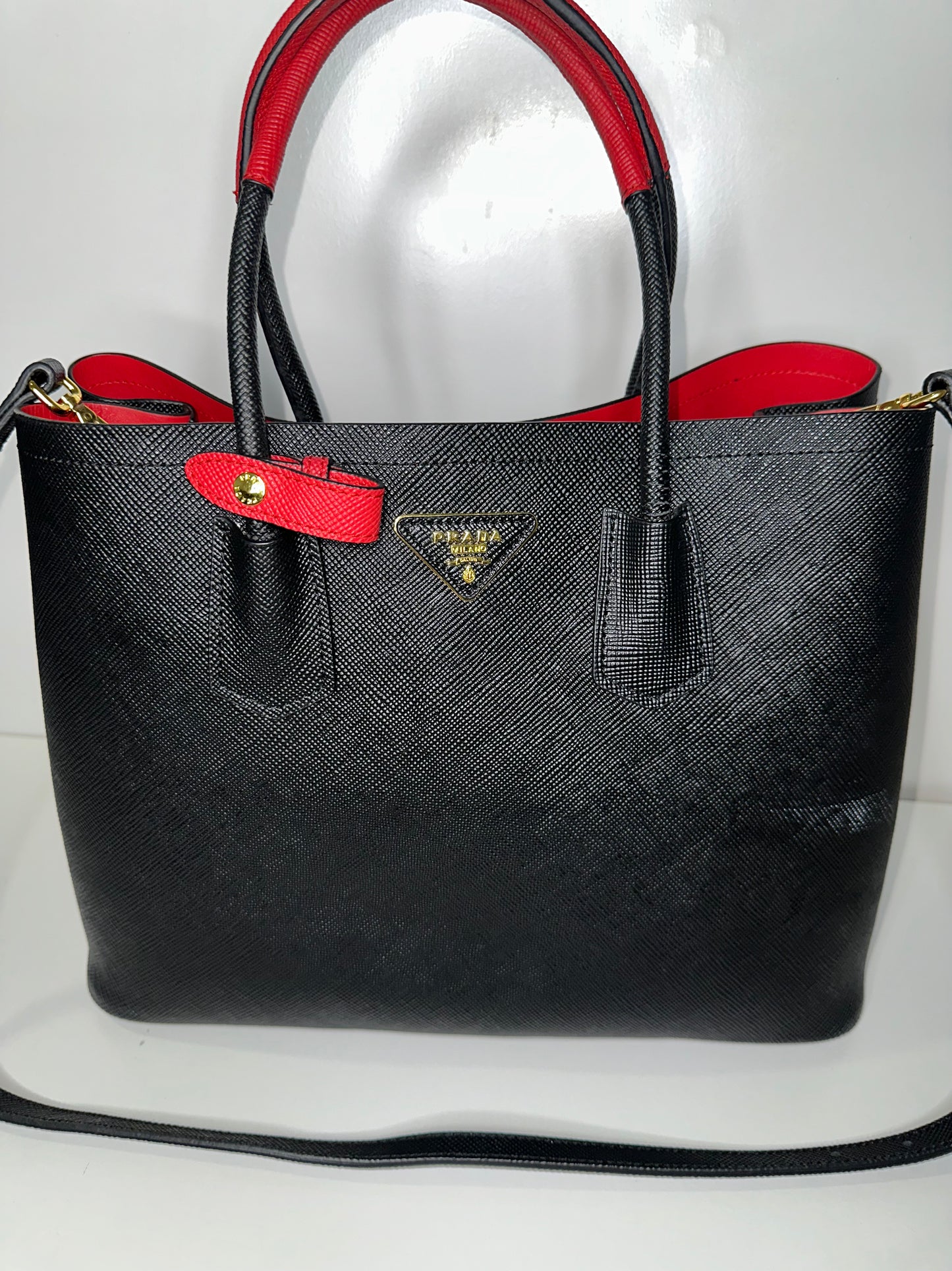 Prada Saffiano Cuir Large Double Bag Nero Black Ciliegia