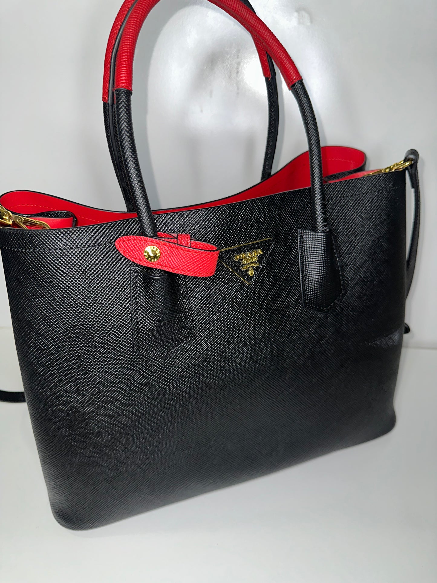 Prada Saffiano Cuir Large Double Bag Nero Black Ciliegia