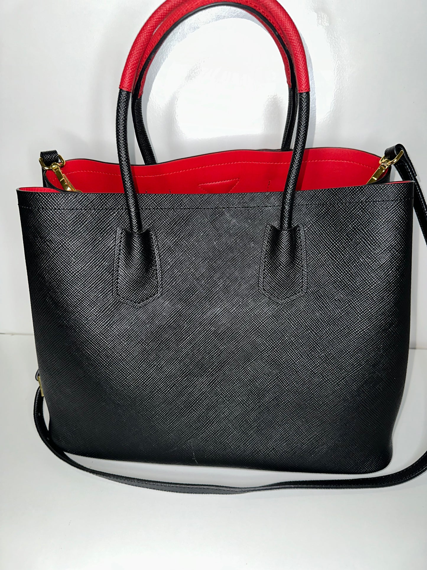 Prada Saffiano Cuir Large Double Bag Nero Black Ciliegia